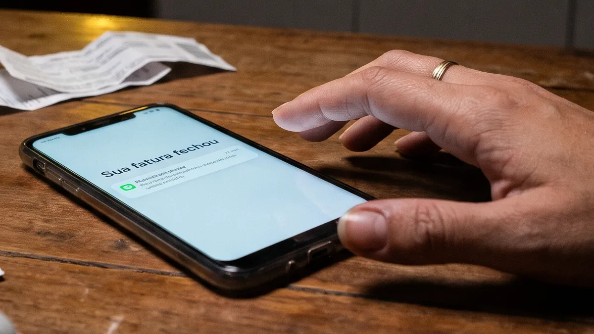 Celular na mesa da cozinha à noite com a notificação Sua fatura fechou