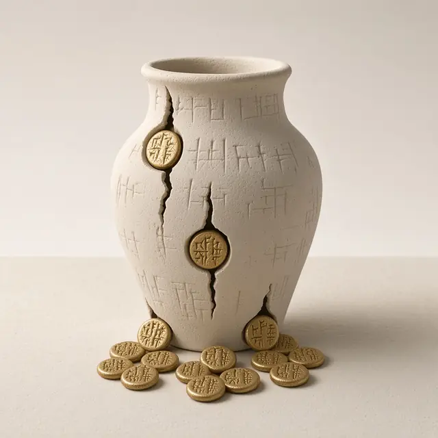 Pote de barro com três rachaduras vazando moedas